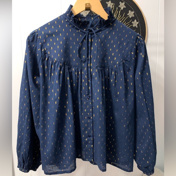 Emerson Fry India Collection Emmaline Top Blue Gold Metallic Blouse Maritime Dot - Picture 5 of 16